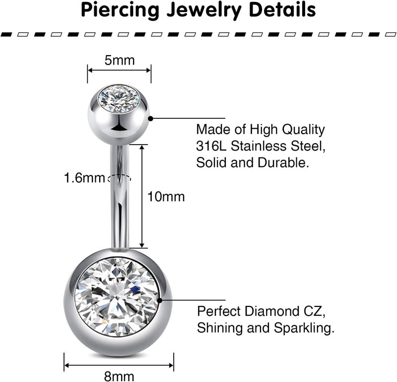 QWALIT Belly Button Rings 14G Surgical Steel Belly Rings CZ Opal Navel Piercing Jewelry for Women Girls 3/8" 10mm Silver Rose Gold - Image 3